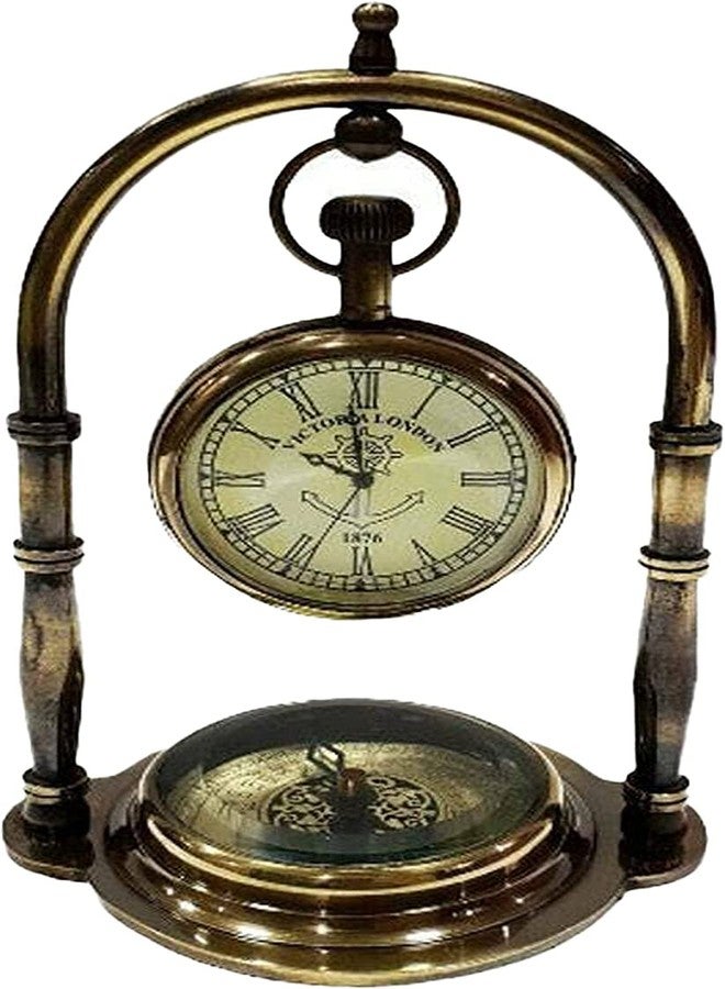 Blue Globe Antique Brass Desk & Shelf Clock with Compass Base, Vintage Look Table Clock, Style Maritime Ship Desk Gift, Table Clock, Brass Desk Clock (Roman Dial) - Image 1